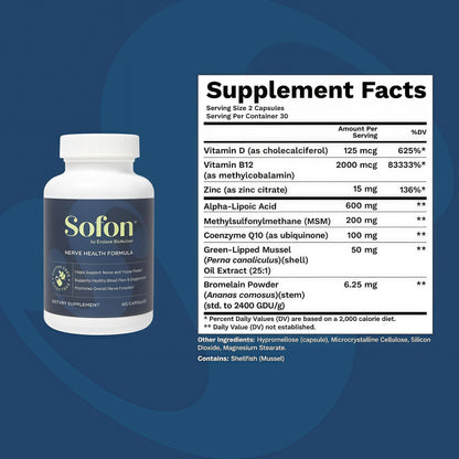 Nerve Support, Vitamin D, B12, Zinc, ALA, MSM, CoQ10, 60Caps | Neuropathy support blend with bromelain & green-lipped mussel for healthy feet.